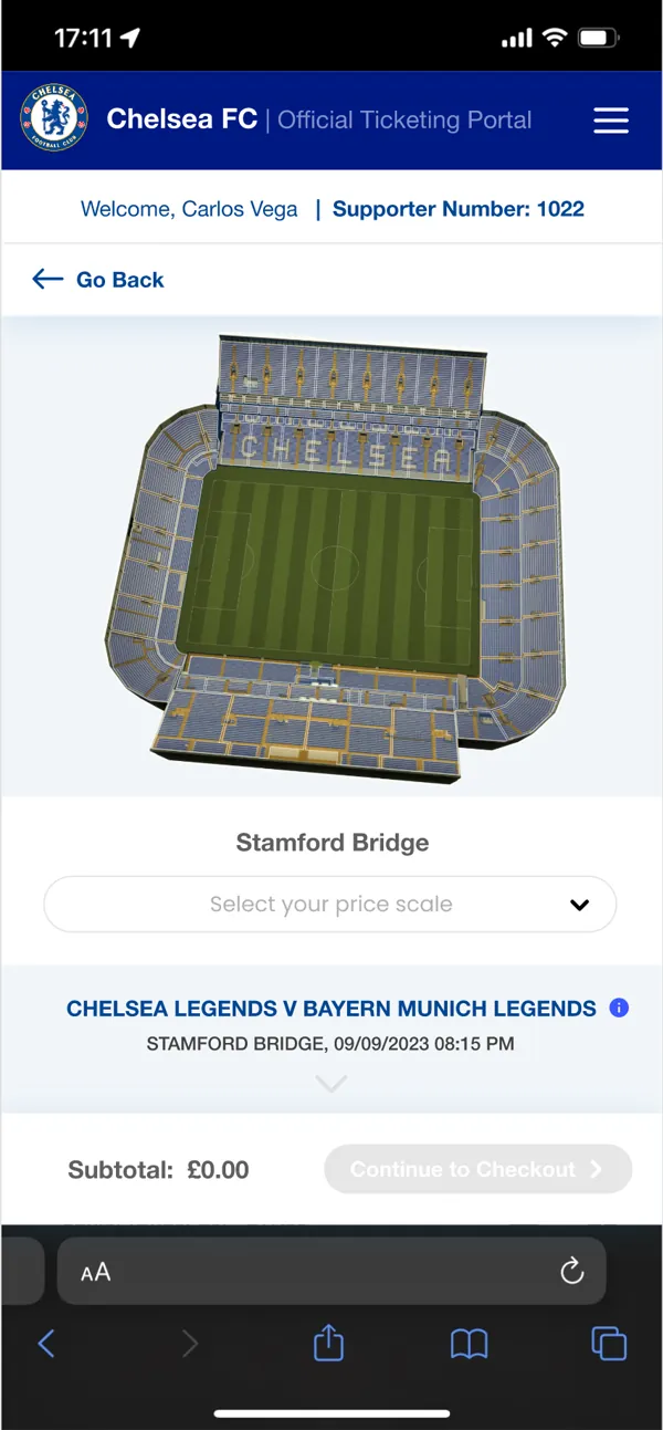 Mapa 3D del estadio y escala de precios en móvil.