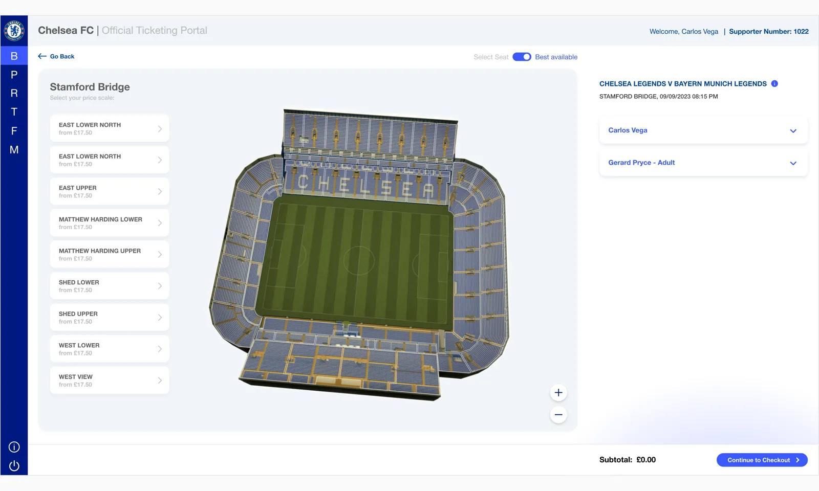 Mapa 3D de Stamford Bridge para elegir sección.