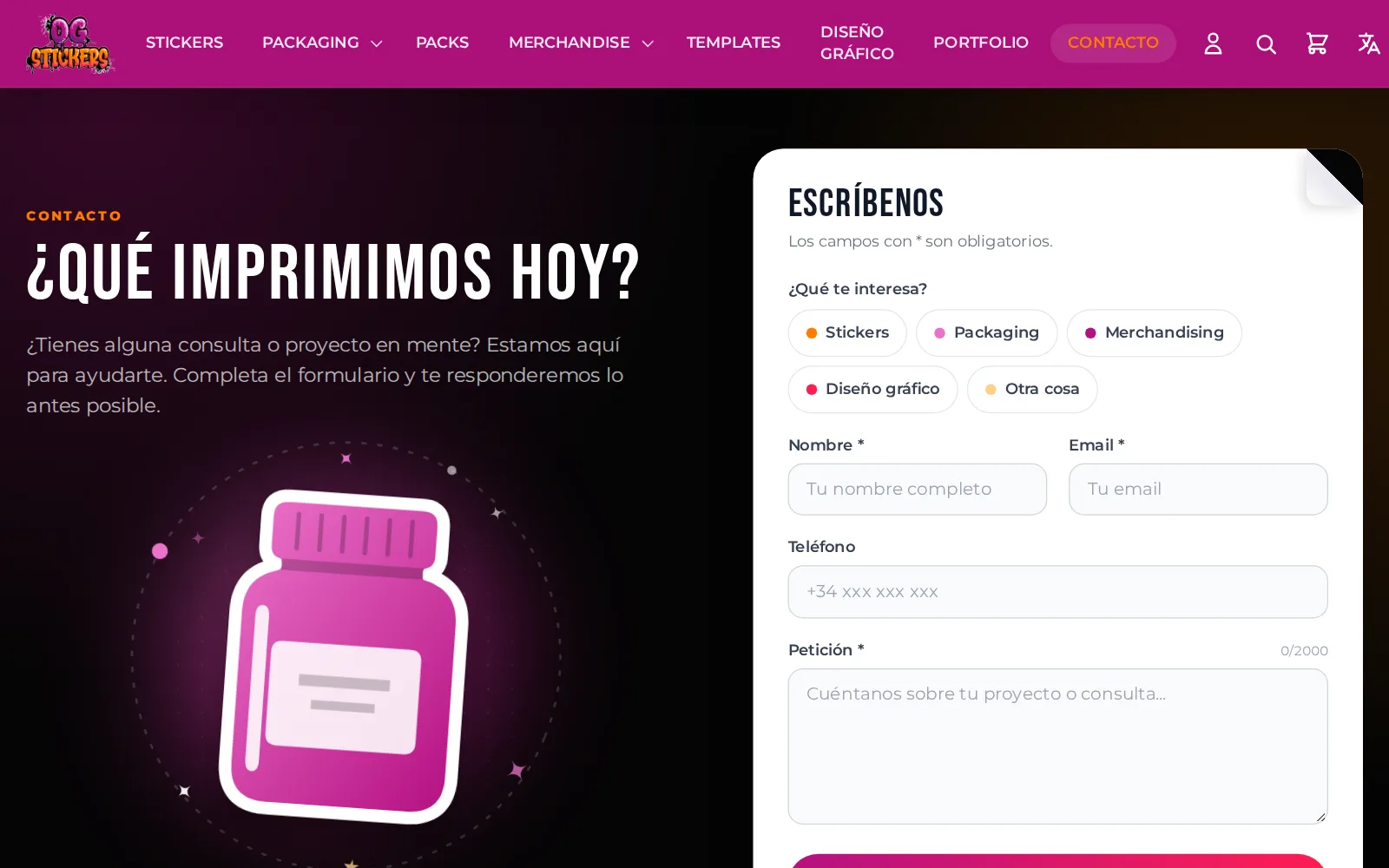 Contacto: el formulario clasifica cada petición por tipo de encargo.