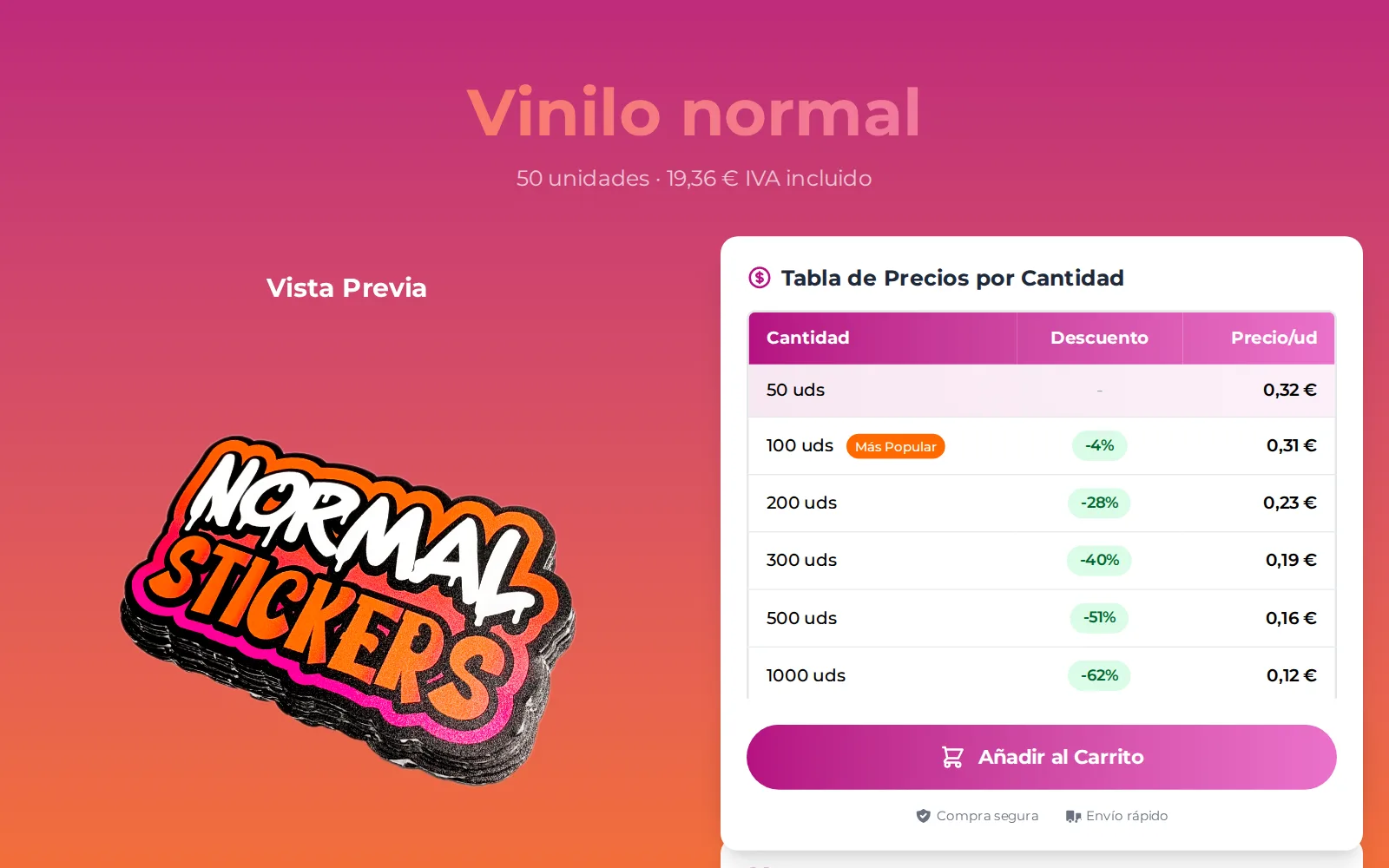 Creador de pegatinas: vista previa y precio por unidad según la cantidad.