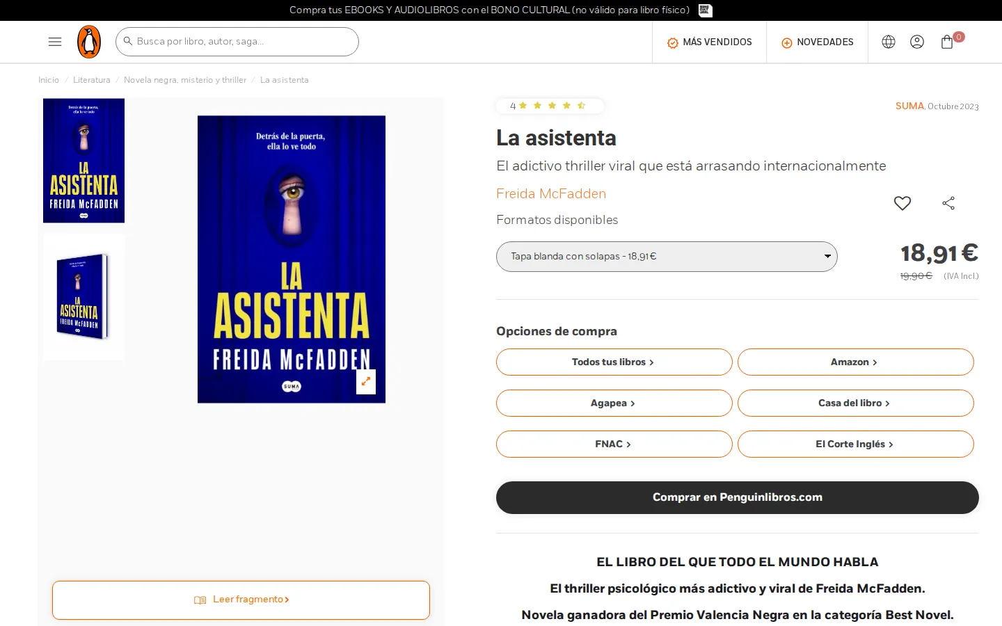 Ficha de libro con formatos, fragmento de lectura y opciones de compra.