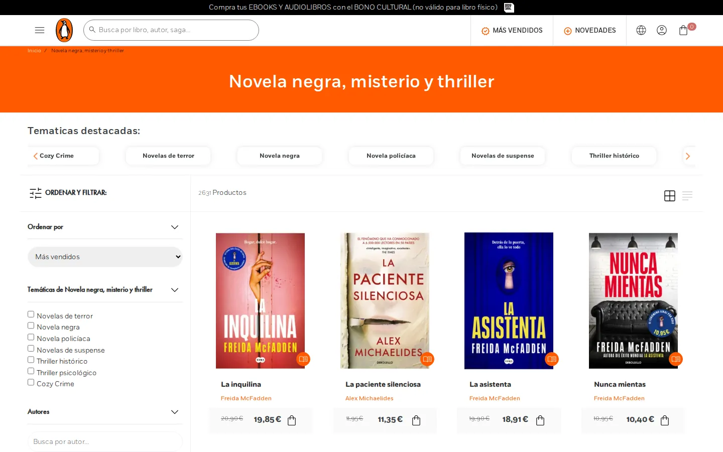 Listado por categoría con temáticas destacadas y filtros.