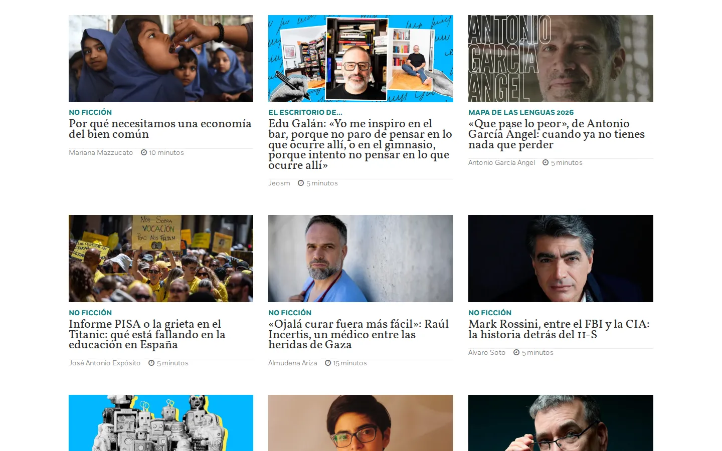 Listado de entradas con sección, autoría y tiempo de lectura.