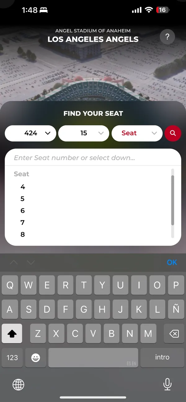 Buscador por sección, fila y asiento.